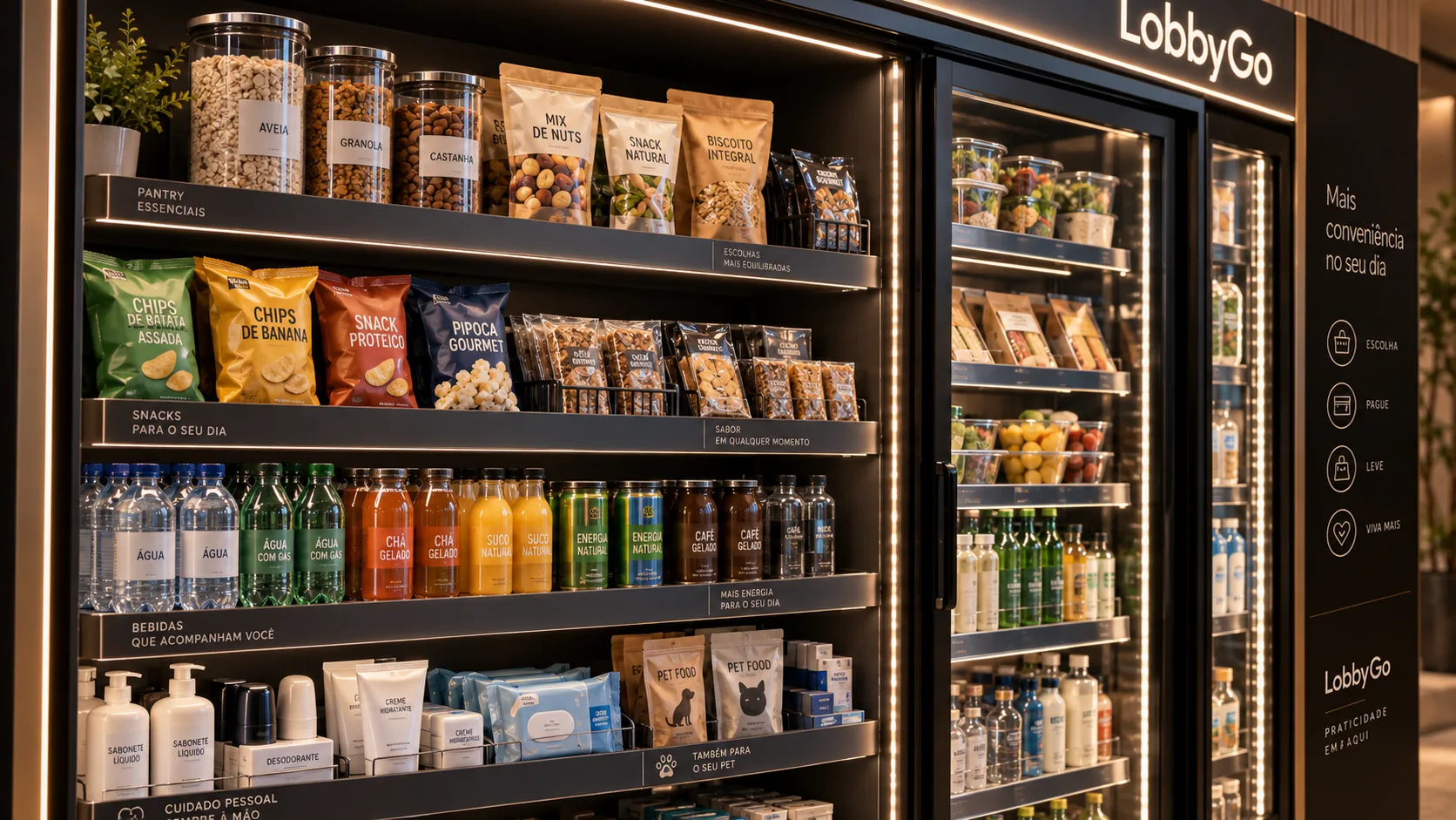 Detalle del surtido: despensa, snacks, bebidas, higiene y productos para mascotas ordenados por repisas