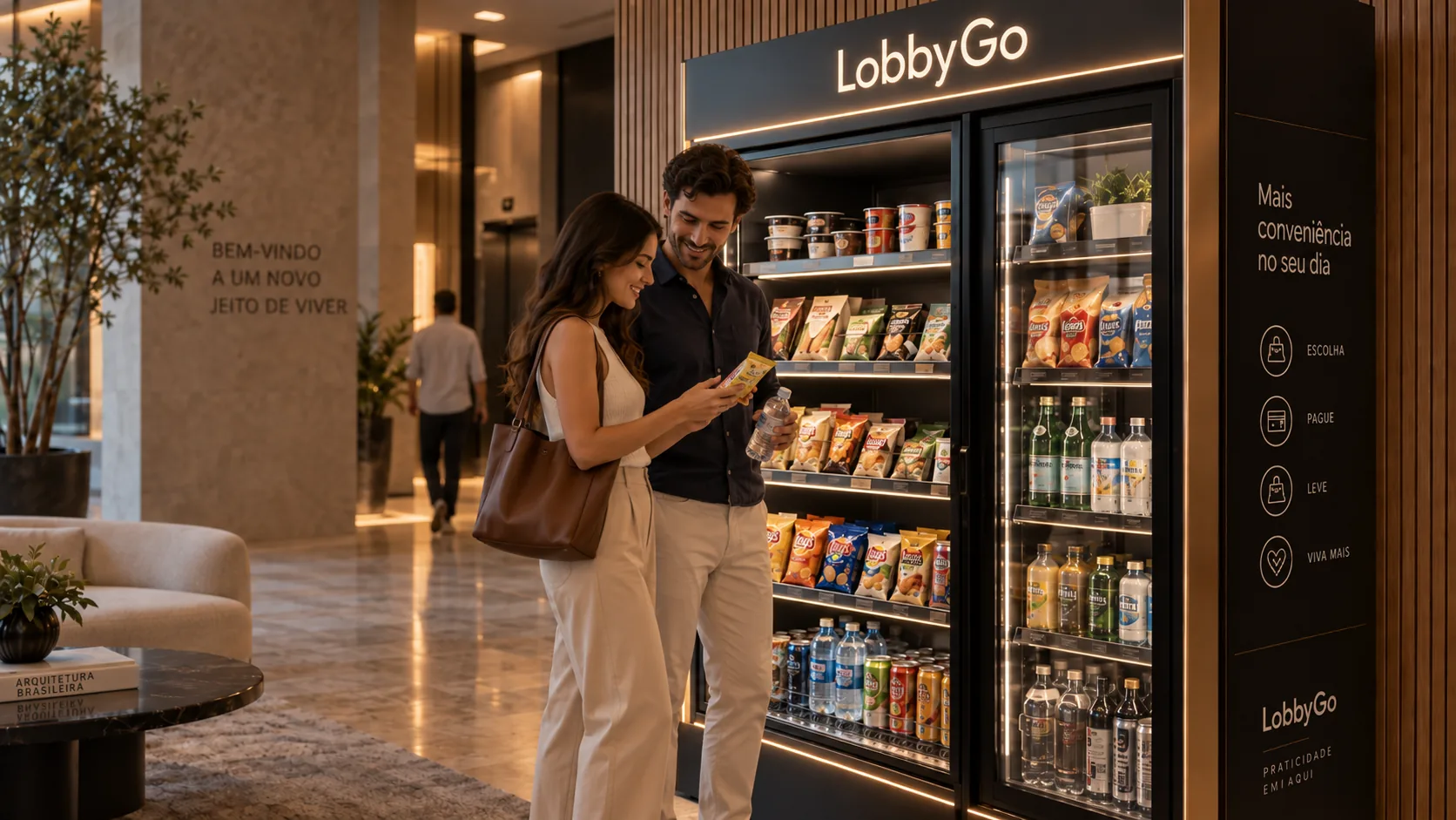 Una pareja revisa su compra frente al Smart Market en el hall