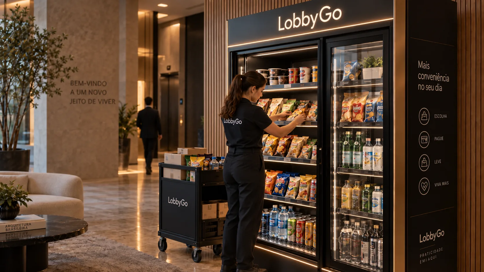 Personal de LobbyGo repone el equipo con un carro de abastecimiento