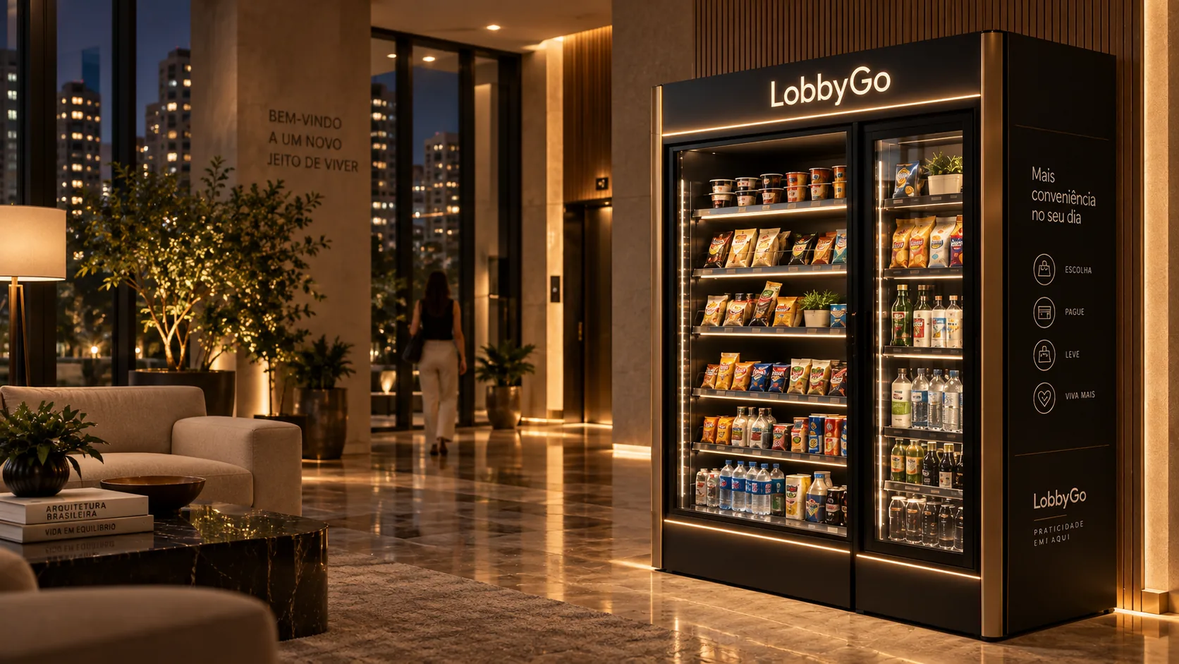 El Smart Market LobbyGo encendido en el lobby al anochecer, con la ciudad al fondo